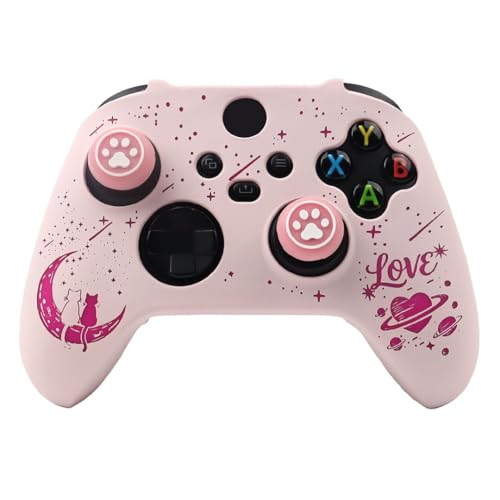 Moonlit Cats with a Loving Heart Controller Skin Compatible with Xbox Series X Wireless Controller, RALAN Protector Case， Customised Thumb Grips Cap - color: MCats Pink