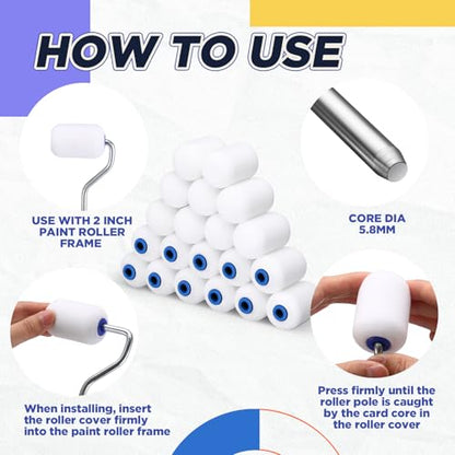 Nuenen 40 Pcs 2 Inch Foam Paint Rollers Mini Paint Roller Covers High Density Small Foam Paint Roller for House Wall Doors Cabinet Painting