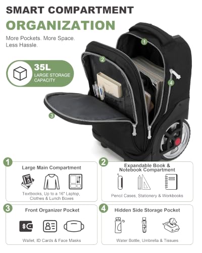 NEW TILAMI 19 Inch Rolling Backpack for School Stair-Climbing Big Wheel - color: Black