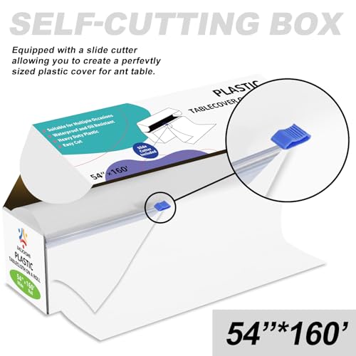 54IN X 160FT Plastic Table Cover Roll with Cutter Box, Cut to Size Plastic Table Cloths for Parties, Birthday, (White, 54"x1920") - color: White, size: 1920" x 54" (Rectangular)