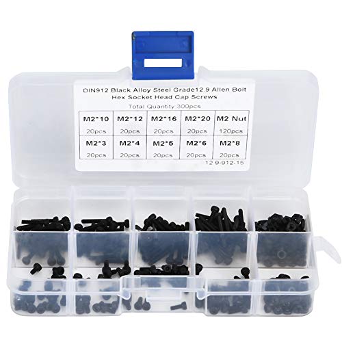 300PCS M2 x 3-20mm 12.9 Grade Black Hex Socket Screw Bolt and Nut Kit Alloy Steel Button Head Socket Bolts