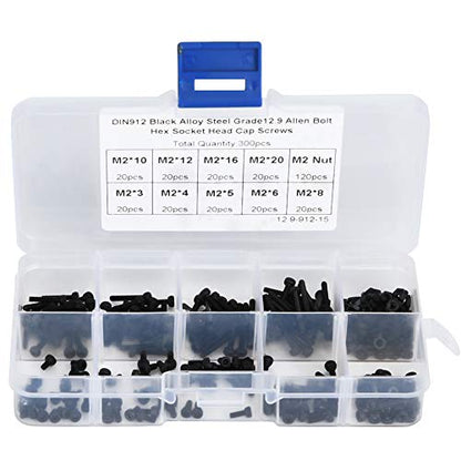 300PCS M2 x 3-20mm 12.9 Grade Black Hex Socket Screw Bolt and Nut Kit Alloy Steel Button Head Socket Bolts