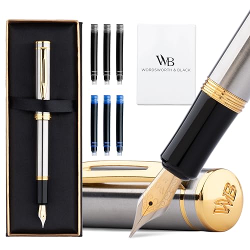 Wordsworth & Black Mini Pocket Fountain Pen for Writing, Medium Nib, Silver - color: Silver Gold