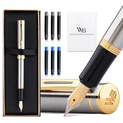 Wordsworth & Black Mini Pocket Fountain Pen for Writing, Medium Nib, Silver - color: Silver Gold