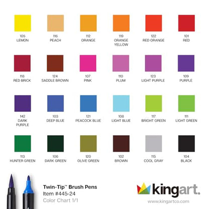 KINGART PRO 445-24 Dual Twin-Tip Brush Pens, Multicolor, 24-Colors