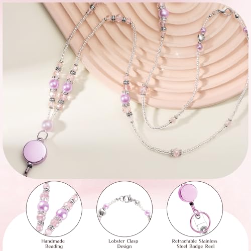 Beaded Teacher Lanyard with Retractable Badge Reel, Pink - color: Pink