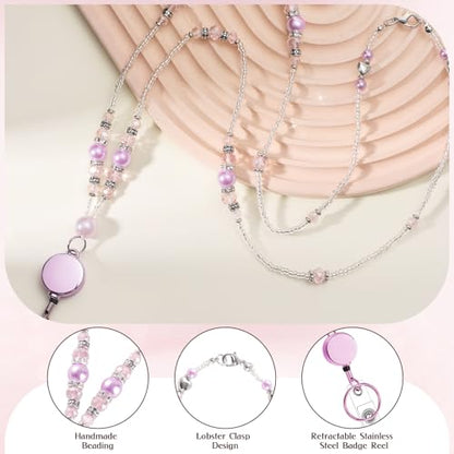 Beaded Teacher Lanyard with Retractable Badge Reel, Pink - color: Pink
