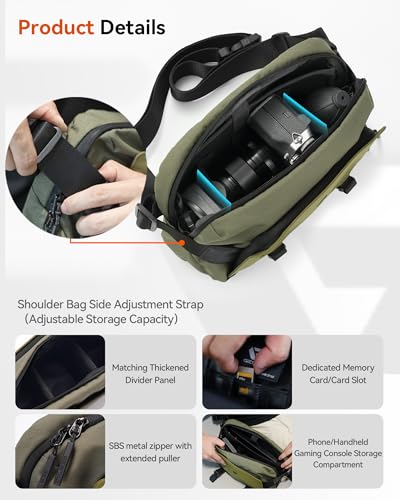 Camera Sling Bag, Everyday Shoulder Bag, Multifunction Portable Travel Bag with Tripod Holder, for Lightweight DSLR/SLR/Mirrorless Small Camera & Gaming Gear - Olive Green