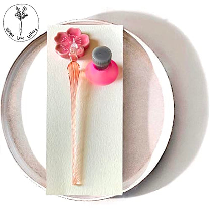 Glass Dip Pen Set with Glass Ink Well Inkwell with Lid Calligraphy Writing Set - style: Coral Pink Glass Dip Pen Set