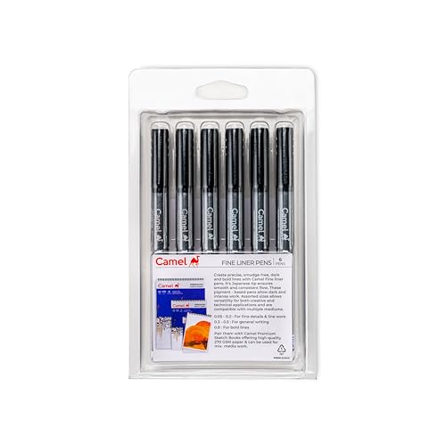 Camel Fine Liner Pens, assorted pack of 6 pens with 6 free A6 postcards