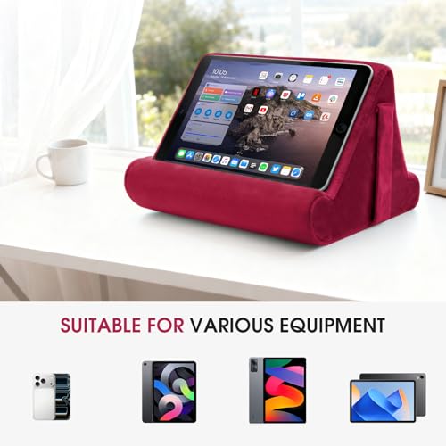 Multi-Angle Tablet Stand with Soft Pad and Net Pocket - Universal Phone and Pad Holder for Lap, Knee, Sofa and Bed (Wine Red) - color: Wine Red