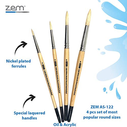 ZEM Brush Interlocked White Hog Bristle Artist Brush Set Rounds 2,4,6,8