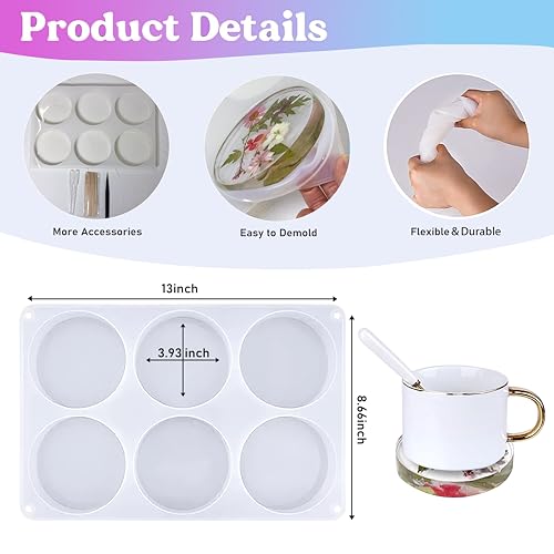 Silicone Resin Coaster Mold Set, 3.93-Inch Round, 0.82-Inch Deep Reusable Flexible Mold for Epoxy Resin Casting with 3 Tools, LeilieCSC