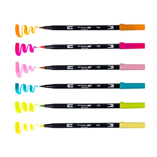 Tombow 56243 Dual Brush Pen Art Markers, Happy Hour, 6-Pack. Brush/Fine Tip