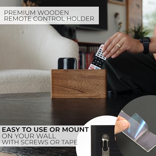 Wooden Remote Control Holder - Adhesive Wall Mount Caddy for 3-4 Remotes - color: Brown