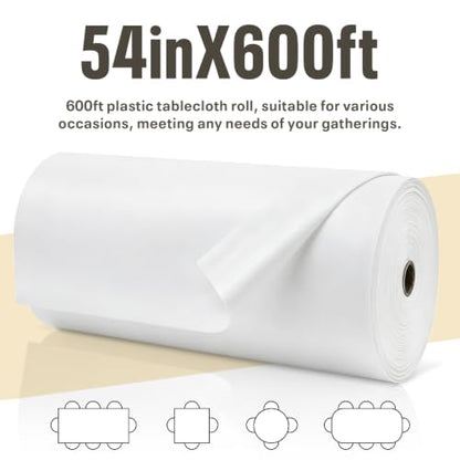 54IN X 600FT Plastic Table Cover Roll with Cutter Box, Cut to Size Plastic Table Cloths for Parties, Birthday, (White, 54"x7680"(Rectangular)) - color: White, size: 7680" x 54" (Rectangular)