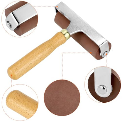 QWORK 4-Inch Soft Rubber Brayer Roller, Brown Solid Ink Roller for Anti-Skid Tape Application, Printmaking, Stamping and Crafting, Heavy Duty Manual Rolling Tool for Even Pressure