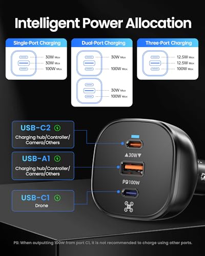 LKTOP 100W Mini 5 Pro Parallel Charging Hub with 130W Car Charger for DJI, Super Fast Battery Charger USB-C Power Adapter for DJI Mini5 Pro Drone Accessories (Parallel Charge 3 Batteries: 1hr 10min) - size: For Mini 5 Pro, style: Hub + Car Charger