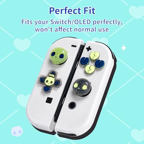 GeekShare Silicone Cross D-Pad Button Caps Set Joystick Cover - Cute ABXY Key Buttons Sticker Compatible with Switch/OLED Joy Con - Black & Green Skull - size: Switch / OLED Green