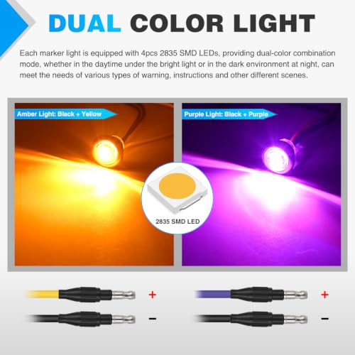 Nilight 3/4 Inch Dual Color Marker Light Amber Turn Purple Clearance Lights - color: Amber Purple 10Pcs