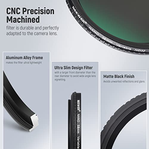 NEEWER 58mm HD Variable ND Filter ND2-ND32 (1-5 Stops) No X Cross/Optical Glass/30 Layer Nano Coated/Ultra Slim Aluminum Alloy Frame/Water Repellent/Anti Scratch Adjustable Neutral Density Filter - size: 58mm, style: HD ND2-ND32