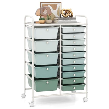 RELAX4LIFE 15-Drawer Storage Drawer Carts - Mobile Rolling Utility Cart - color: Gradient Green, style: 15 Drawers-34.5"