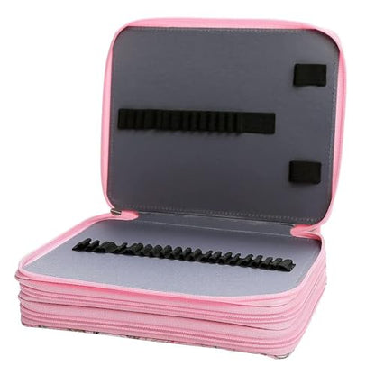 Canvas 120 Slots Pencil Case 3-Layer Zipped Holder w/Handle - color: Pink Flower, size: 120