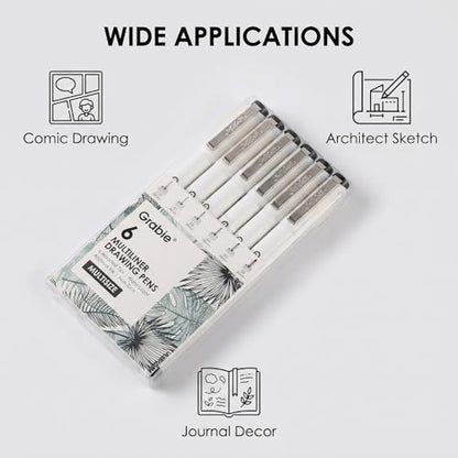 Grabie Micro Fineliner Pens, 6 Black Waterproof Drawing Pens - color: 6-Black