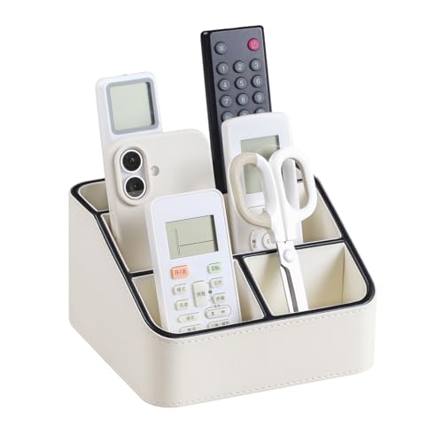 PU Leather Remote Control Holder, Nightstand Organizer with 4 Compartments - color: Cream
