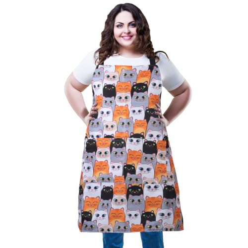 Plus Size Adjustable Bib Apron Water Resistant Canvas Extra Wide Long Ties Aprons with 2 Pockets Kitchen Cooking Gardening - color: Cat