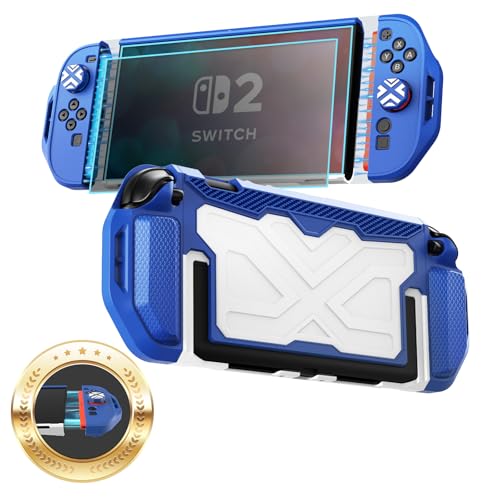 Toladoshop Dockable for Switch 2 Grip Case (2025) Accessories, Armor Slim Military-Grade Protection for Detachable 3PCS Design Joncon Holder with Screen Protectors and Joystick caps, Blue - color: Blue-White
