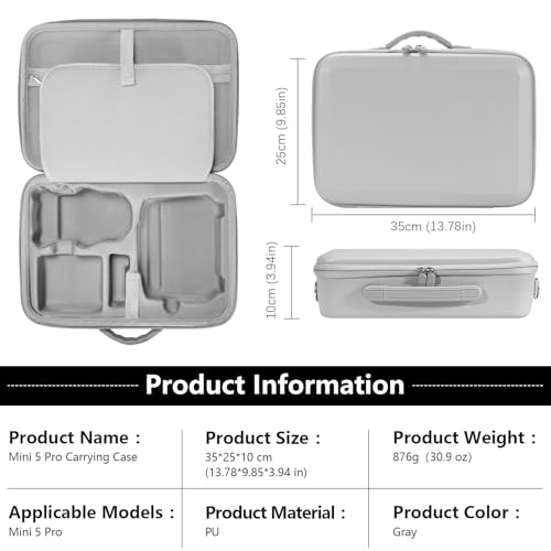 FPVtosky Hard Carrying Case for DJI Mini 5 Pro Drone & RC 2 Controller - Custom Compartments for Fly More Combo, Waterproof PU Leather Travel Bag [CASE ONLY]