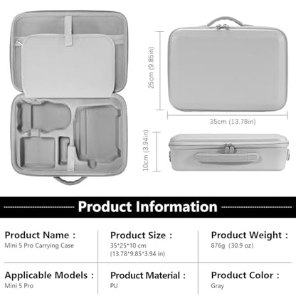 FPVtosky Hard Carrying Case for DJI Mini 5 Pro Drone & RC 2 Controller - Custom Compartments for Fly More Combo, Waterproof PU Leather Travel Bag [CASE ONLY]