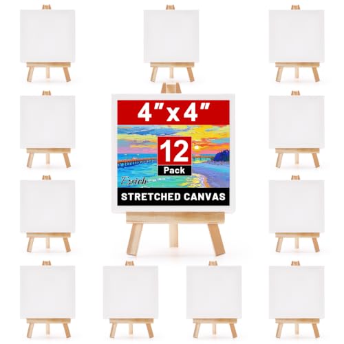 ESRICH 12 Pack Mini Canvas with Easel Set, 4x4” Small Canvases for Painting - size: 4x4in 12pack