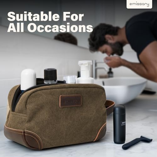 emissary Men's Canvas Travel Toiletry Bag, Leather Dopp Kit - Brown - color: Brown