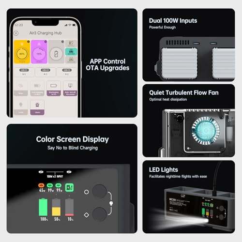 200W DJI Air 3/3S Battery Charging Hub 3-Channel Parallel Fast Charging Dual USB-C Input for DJI Air 3/3S Drone/RC, App Control/Storage/Discharge/LED Display
