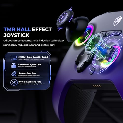 ECHTPower Upgrated PC Gaming Controller TMR Hall Effect Joysticks Anti-Drift & Dual Triggers, 1000Hz Polling Rate, Turbo & Vibration, Programmable Buttons for PC/Switch/Switch 2/iOS/Android with Charging Dock - color: Black Purple