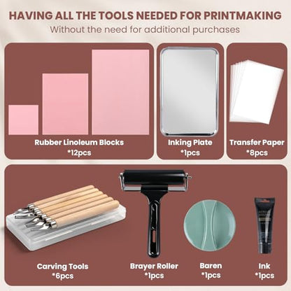 LINSIRON Linocut Kit for Printmaking, Linocut Tools Block Printing - size: Kit-12Pack