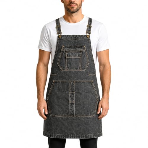 Denim Apron, Waist Apron with Pockets and Adjustable Long Ties - color: Black, size: Large