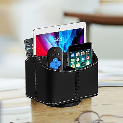 360° Rotating Remote Control Holder, PU Leather TV Remote Caddy, Pen Holder - color: Black