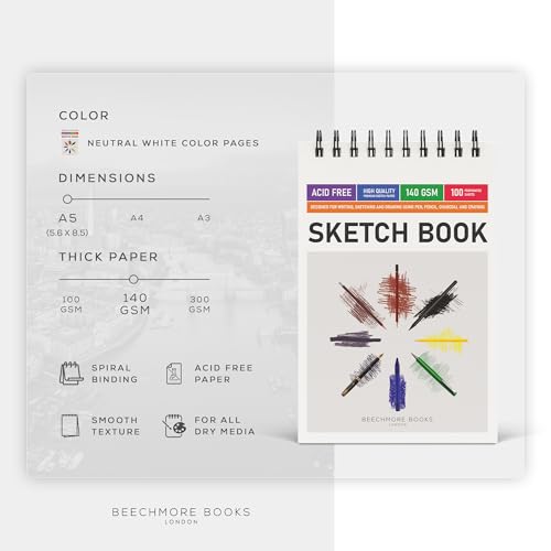 BEECHMORE BOOKS 5.6x8.5 A5 Spiral Sketchbook 140 GSM 100 Perforated Pages - size: A5 (5.6" x 8.5")