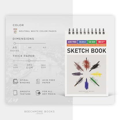 BEECHMORE BOOKS 5.6x8.5 A5 Spiral Sketchbook 140 GSM 100 Perforated Pages - size: A5 (5.6" x 8.5")