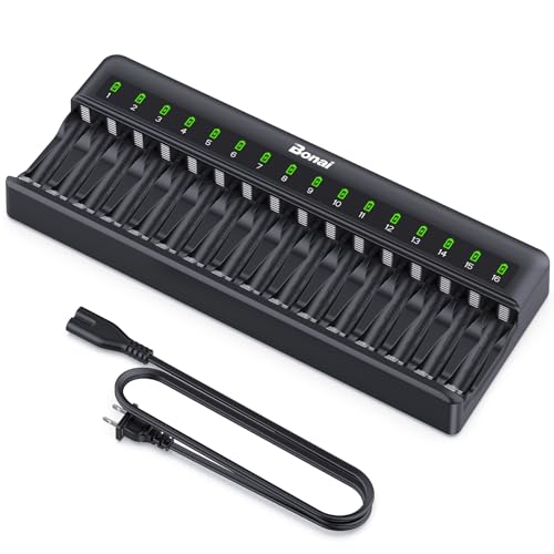 BONAI AA AAA Battery Charger 16 Bay for NiMH Rechargeable Batteries Independent Control with LED Light and Standard American AC Charging Plug, Battery not Included - Black