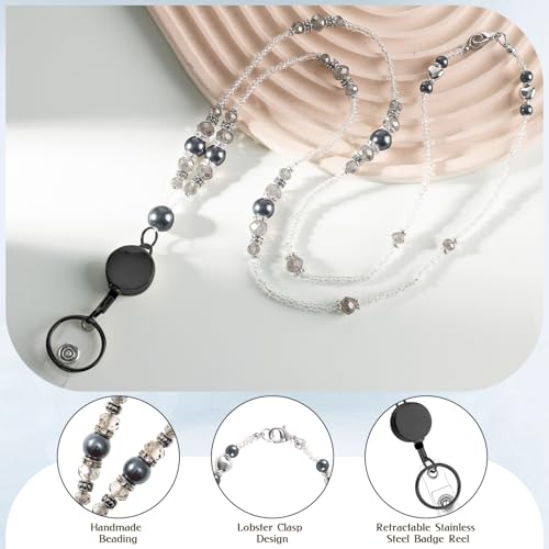 Beaded Teacher Lanyard with Retractable Badge Reel, Black - color: Black