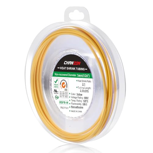 Chanzon 2:1 Ratio 1/24" (1mm) Heat Shrink Tubing 8Ft Roll Yellow - color: Yellow, size: 1mm (1/24") - 8FT