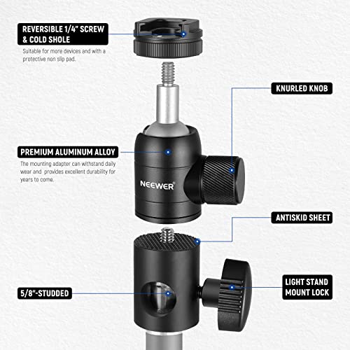 NEEWER Light Stand Mount Adapter w Cold Shoe & 1/4" Screw Mini Ball Head - style: ST-GM06