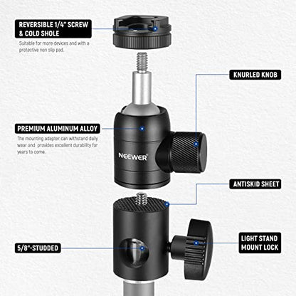 NEEWER Light Stand Mount Adapter w Cold Shoe & 1/4" Screw Mini Ball Head - style: ST-GM06