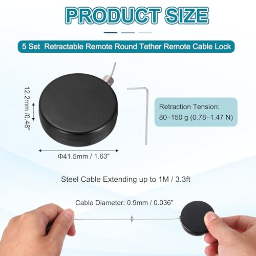 PATIKIL Retractable Remote Control Cable Tether (3.3ft / 1M, Black)(5 Set) Round Remote Control Security Lanyard Lock Adjustable Locking Leash with Rope Lock, Suit for - TVs/Tablets - color: Black