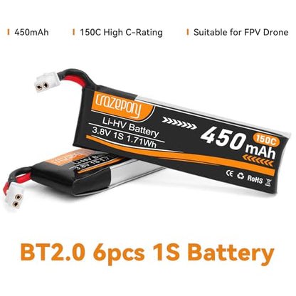 1S Lipo Battery 3.8V 450mAh with BT2.0 Connector for Tiny Whoop Drone-6Pack