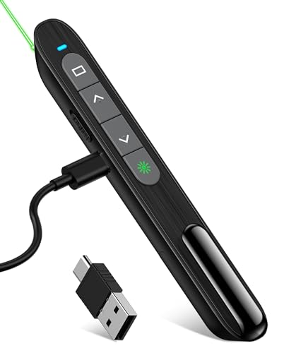 USB C Rechargeable Presentation Clicker with Green Light, Remote Clicker for Presentations Wireless Presenter Slide Changer PPT Advancer with Volume Control for Laptop Computer - color: Green L+Rechargeable